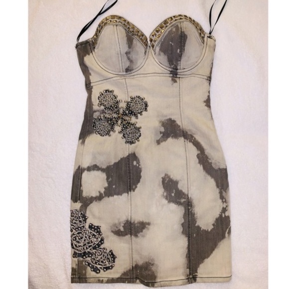 GUESS Premium Studded Stretch Denim Bustier Dress GUESS Premium Studded Stretch Denim Bustier Dress